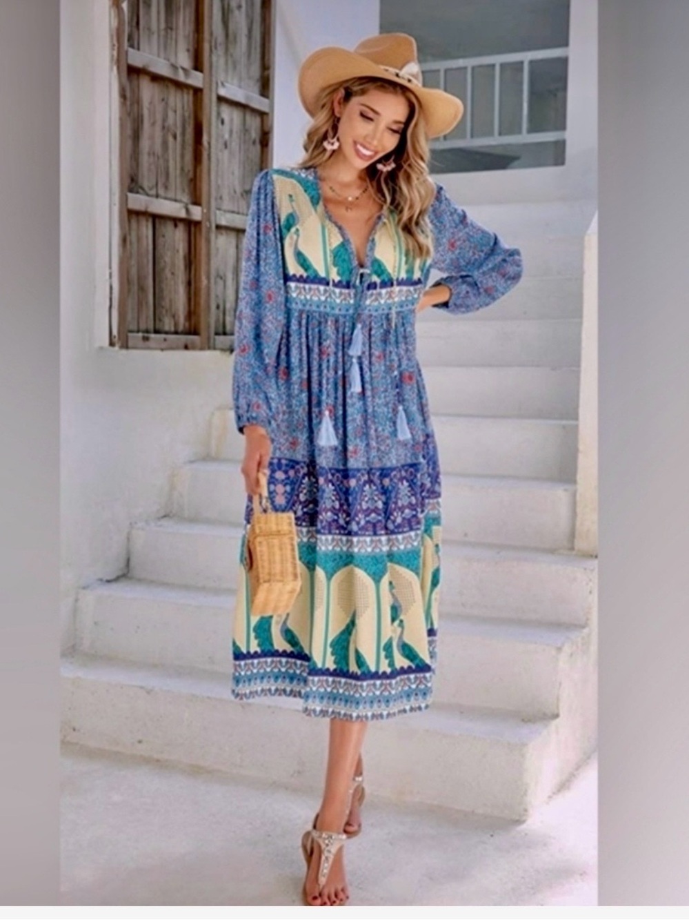 Blue Boho Floral Patchwork Maxi Dress